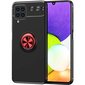 Samsung Galaxy A22 4g Kılıf Ravel Yüzüklü Mıknatıslı Stand Focus Silikon Siyah-Kırmızı