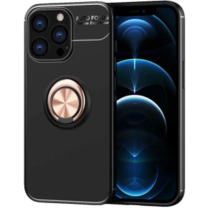 Apple iPhone 13 Pro Kılıf Ravel Yüzüklü Mıknatıslı Stand Focus Silikon Siyah-Rose Gold