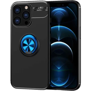 Apple iPhone 13 Pro Kılıf Ravel Yüzüklü Mıknatıslı Stand Focus Silikon Siyah-Mavi