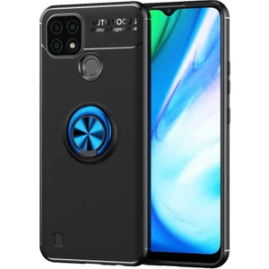 Realme C25 Kılıf Ravel Yüzüklü Mıknatıslı Stand Focus Silikon Siyah-Mavi