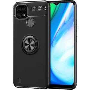 Realme C25 Kılıf Ravel Yüzüklü Mıknatıslı Stand Focus Silikon Siyah