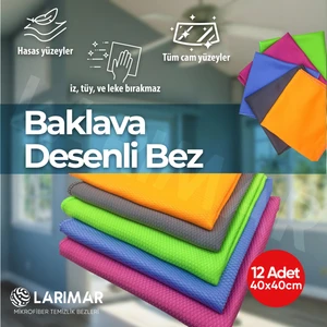 Mikrofiber Baklava Desenli Cam ve Temizlik Bezi 12'li