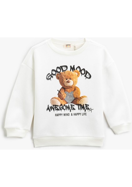 Ayıcık Baskılı Sweatshirt Şardonlu Bisiklet Yaka