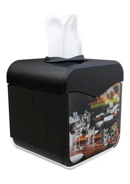 Evo Beyond Reklam Alanlı Giydirilebilir Masaüstü Dispenser Peçetelik - Siyah -145X145X145 Mm.