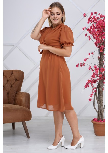 Kadın Kruvaze Yaka Kuşaklı Büyük Beden Midi Boy Şifon Elbise 4255-110 fırsatları
