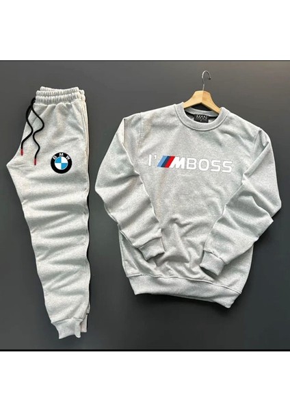 Yeni Sezon I'm Boss Baskılı Pamuklu Sıfır Yaka Sweat-Pamuklu Kışlık Eşofman Altı 2'li Takım