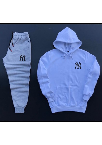 Yeni Sezon Unisex Ny Baskılı Siyah Pamuklu Hoodie- Pamuklu Siyah Eşofman Altı Takım 2'li