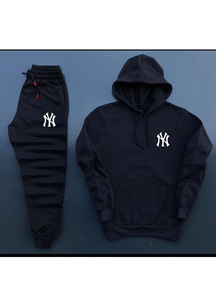 Yeni Sezon Unisex Ny Baskılı Siyah Pamuklu Hoodie- Pamuklu Siyah Eşofman Altı Takım 2'li
