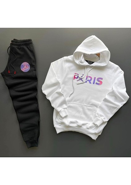 New Cabin Yeni Sezon Unisex Paris Baskılı Gri Pamuklu Hoodie- Pamuklu Siyah Eşofman Altı Takım 2'li