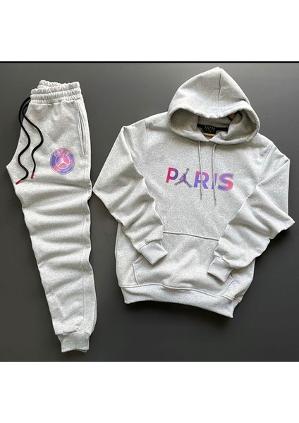 Yeni Sezon Unisex Paris Baskılı Gri Pamuklu Hoodie- Pamuklu Siyah Eşofman Altı Takım 2'li