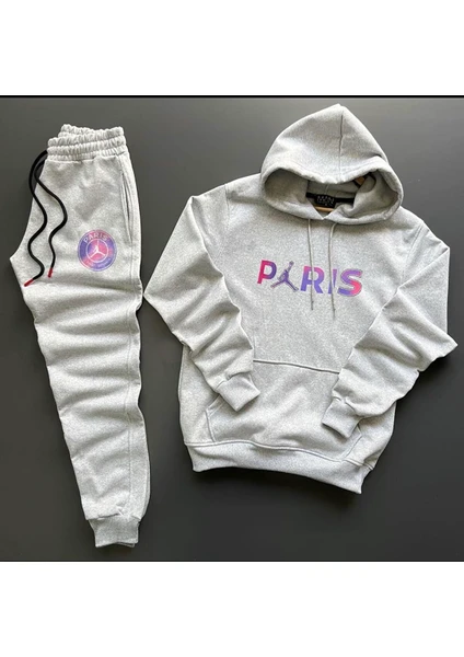 New Cabin Yeni Sezon Unisex Paris Baskılı Gri Pamuklu Hoodie- Pamuklu Siyah Eşofman Altı Takım 2'li