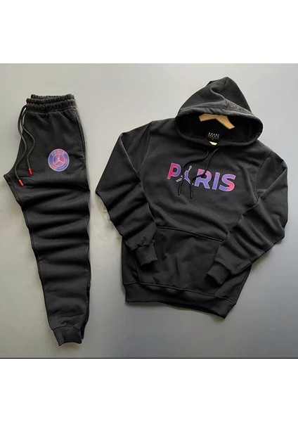 New Cabin Yeni Sezon Unisex Paris Baskılı Gri Pamuklu Hoodie- Pamuklu Siyah Eşofman Altı Takım 2'li