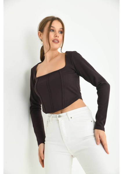 Çikolata Kahve Önü Şerit Detaylı Kare Yaka Crop Bluz fiyatları