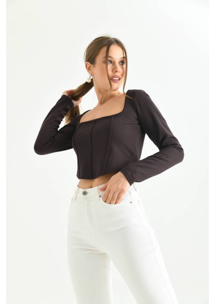Çikolata Kahve Önü Şerit Detaylı Kare Yaka Crop Bluz modelleri
