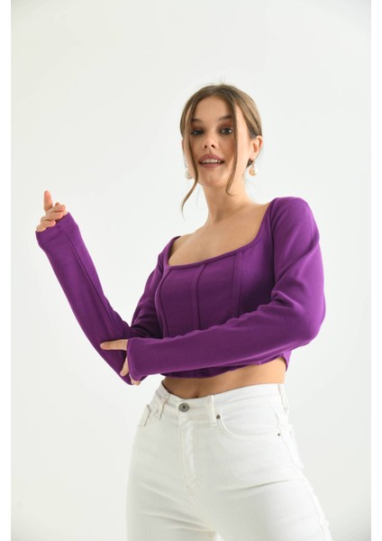 Mor Önü Şerit Detaylı Kare Yaka Crop Bluz