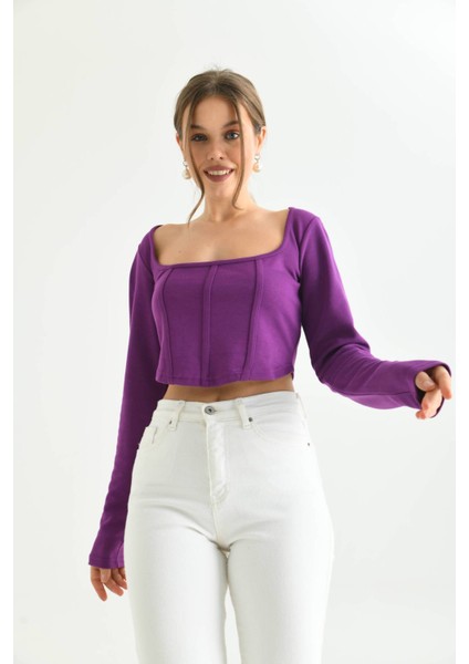 Mor Önü Şerit Detaylı Kare Yaka Crop Bluz