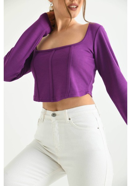 Mor Önü Şerit Detaylı Kare Yaka Crop Bluz
