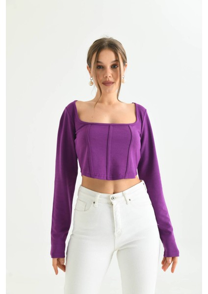 Mor Önü Şerit Detaylı Kare Yaka Crop Bluz