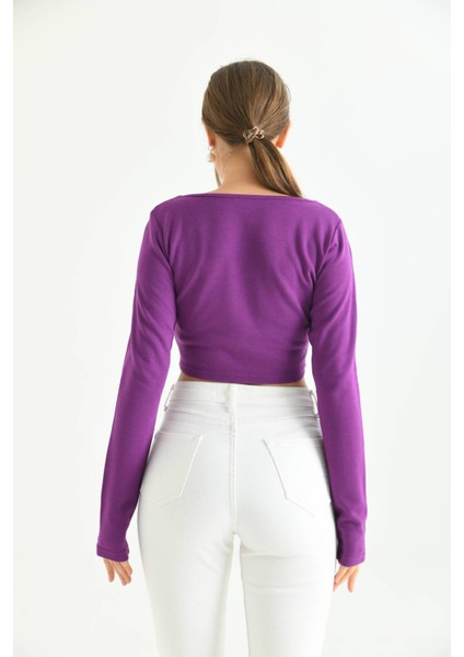 Mor Önü Şerit Detaylı Kare Yaka Crop Bluz