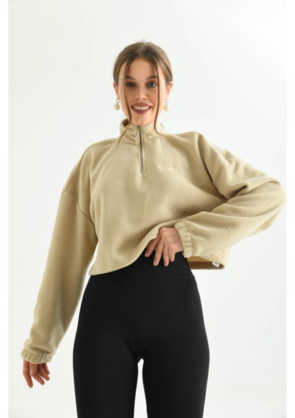 Bej Fermuar Detay Nakışlı Sweatshirt
