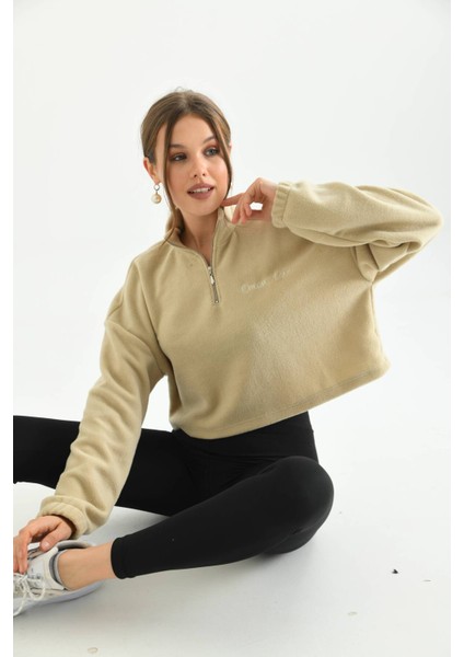 Bej Fermuar Detay Nakışlı Sweatshirt fırsatları
