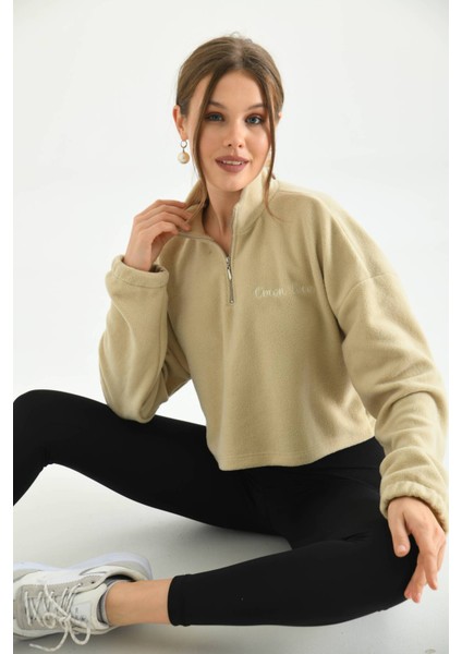 Bej Fermuar Detay Nakışlı Sweatshirt indirimleri