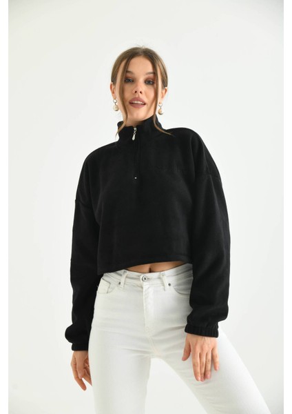 Siyah Fermuar Detay Nakışlı Sweatshirt