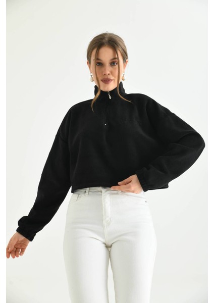 Siyah Fermuar Detay Nakışlı Sweatshirt fiyatları