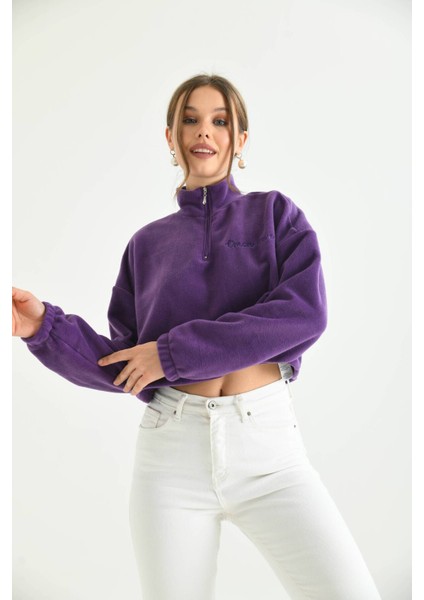 Mor Fermuar Detay Nakışlı Sweatshirt fiyatları