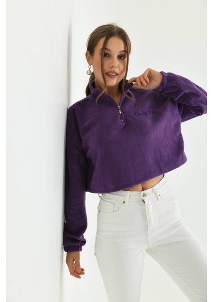 Mor Fermuar Detay Nakışlı Sweatshirt modelleri