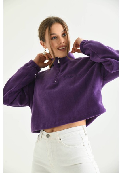 Mor Fermuar Detay Nakışlı Sweatshirt fırsatları