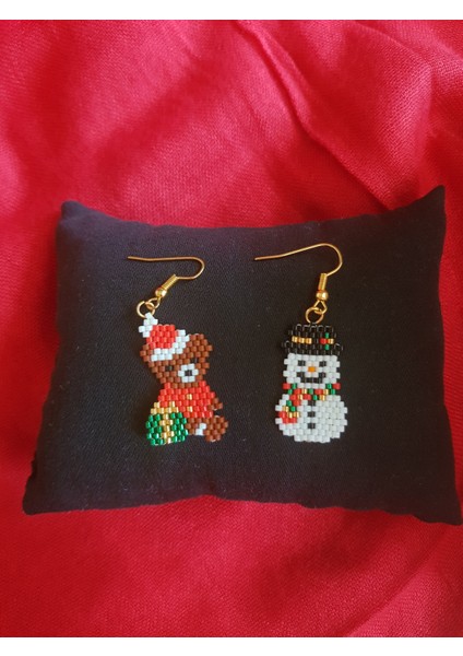 Miyuki Boncuk El Yapımı Sevimli Ayıcık ve Kardan Adam Küpe Yılbaşı Christmas Noel