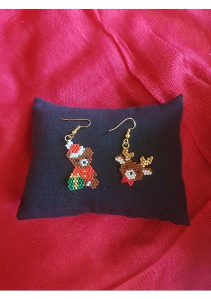 Miyuki Boncuk El Yapımı Sevimli Ayıcık ve Geyik Küpe Yılbaşı Christmas Noel
