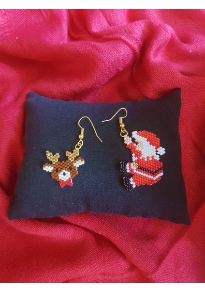 Miyuki Boncuk El Yapımı Geyik ve Noel Baba Küpe Yılbaşı Christmas Noel