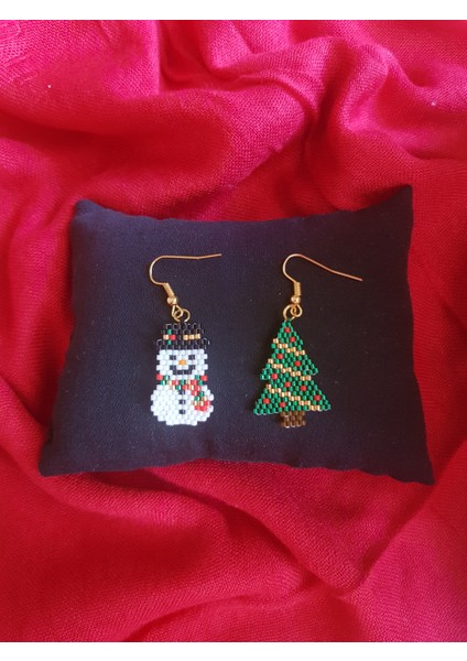 Miyuki Boncuk El Yapımı Kardan Adam ve Çam Ağacı Küpe Yılbaşı Christmas Noel
