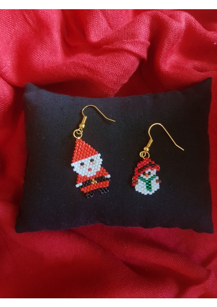 Miyuki Boncuk El Yapımı Noel Baba ve Minik Kardan Adam Küpe Yılbaşı Christmas Noel
