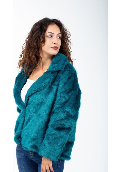 Kadın Ingiliz Yaka Petrol Mavisi Kısa Tilki Kürk Kaban fiyatları