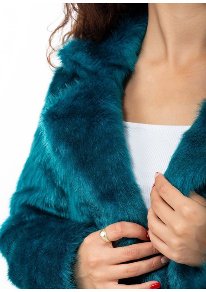 Kadın Ingiliz Yaka Petrol Mavisi Kısa Tilki Kürk Kaban modelleri