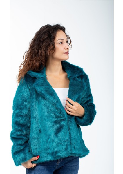 Kadın Ingiliz Yaka Petrol Mavisi Kısa Tilki Kürk Kaban fırsatları