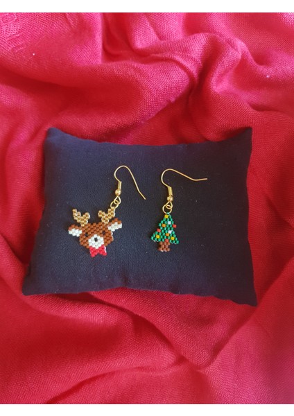Miyuki Boncuk El Yapımı Geyik ve Minik Çam Ağacı Küpe Yılbaşı Christmas Noel