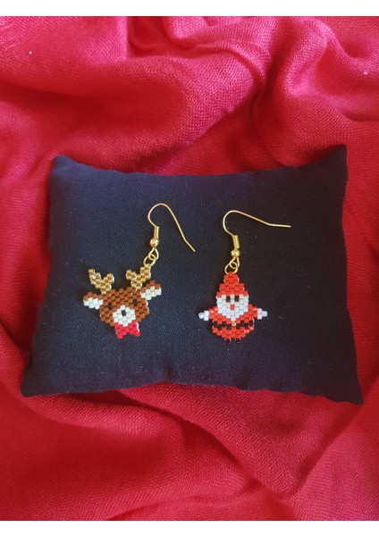 Miyuki Boncuk El Yapımı Minik Noel Baba ve Geyik Küpe Yılbaşı Christmas Noel