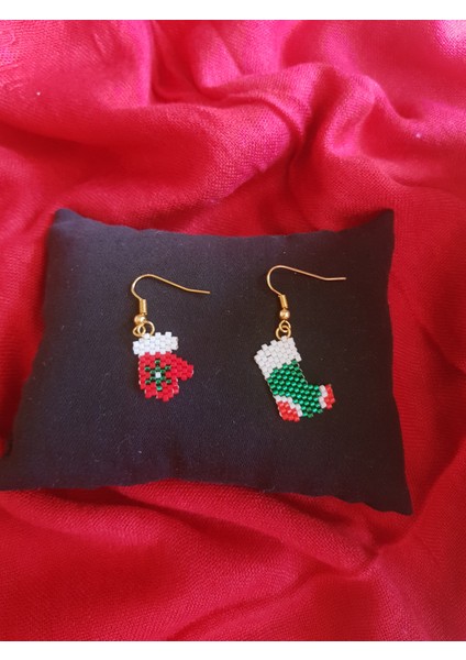 Miyuki Boncuk El Yapımı Eldiven ve Çorap Küpe Yılbaşı Christmas Noel