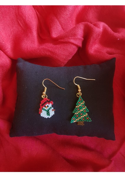 Miyuki Boncuk El Yapımı Minik Kardan Adam ve Çam Ağacı Küpe Yılbaşı Christmas Noel