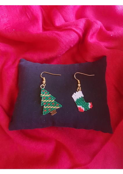 Miyuki Boncuk El Yapımı Çam Ağacı ve Çorap Küpe Yılbaşı Christmas Noel
