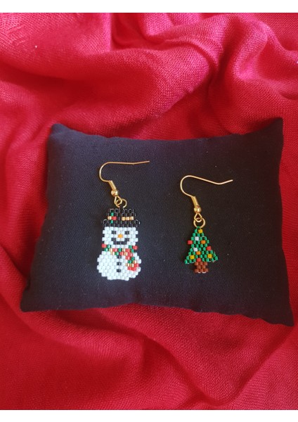 Miyuki Boncuk El Yapımı Kardan Adam ve Minik Çam Ağacı Küpe Yılbaşı Christmas Noel