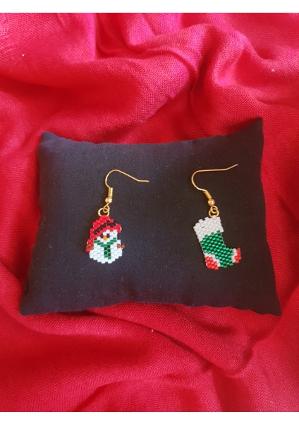 Miyuki Boncuk El Yapımı Minik Kardan Adam ve Çorap Küpe Yılbaşı Christmas Noel