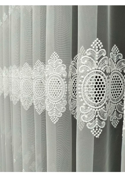 Taç Nakışlı Brode Kullanıma Hazır 1/3 Sık Pile Tül Perde Tek Kanat - Ekru 100 x 260 cm