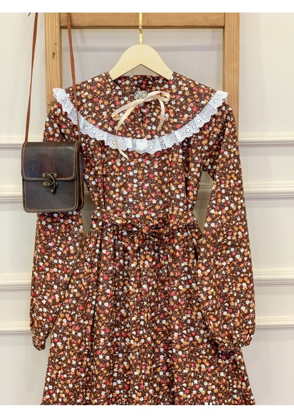 Tesettür Vintage Seyyar Yakalı Kahve Çiçekli Kat Kat Elbise fiyatları