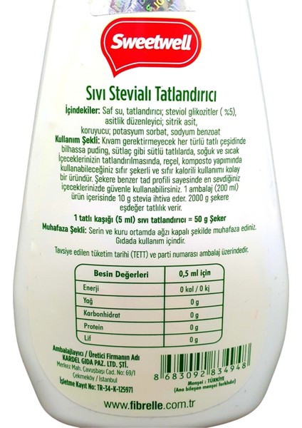 Stevia Sıvı Tatlandırıcı Sıfır Kalori 200 ml