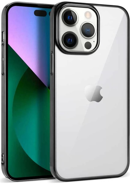 Apple iPhone 14 Pro Max Kılıf Darbe Emici Renkli Kenar Şeffaf Sert Silikon Pixel Kapak Siyah